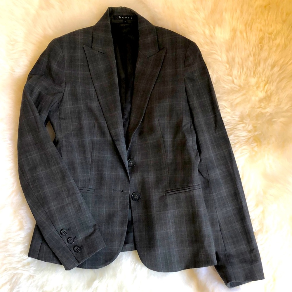 Theory Plaid Blazer Wool Gray Sz. 0
